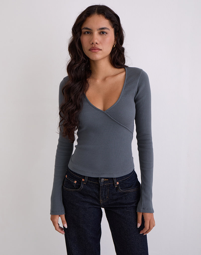 Dulcet Geripptes Langarm-Top in Blau Granit