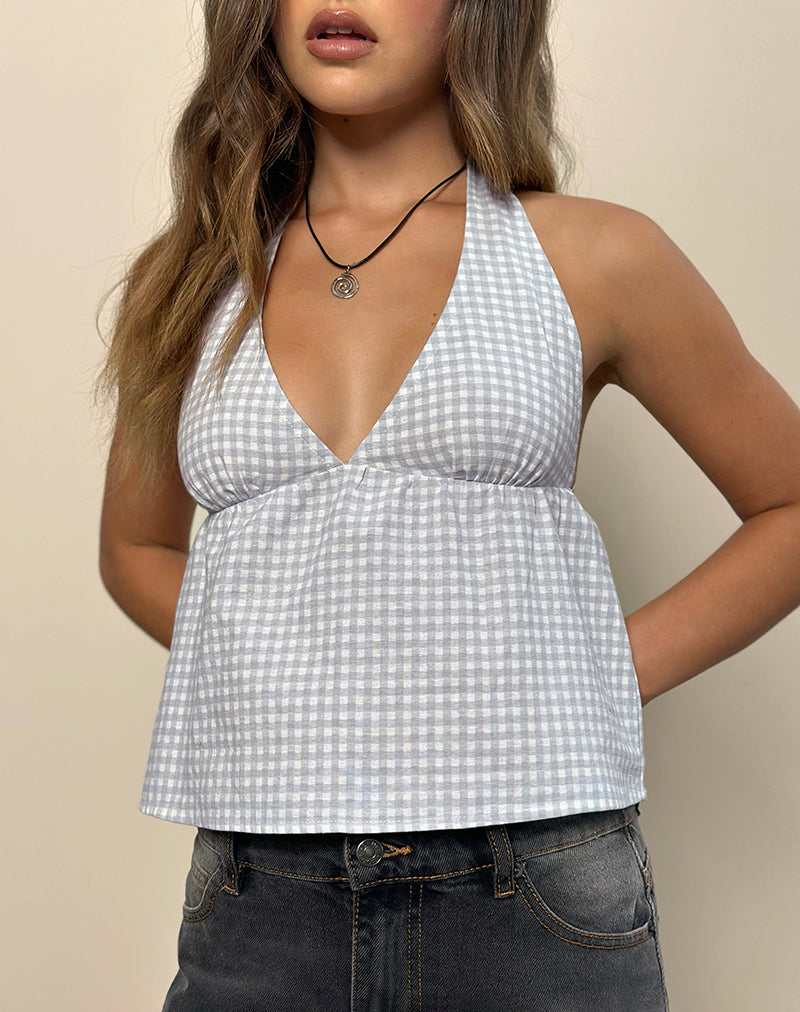 Eldana Neckholder-Top in Mini Gingham Blau und Grau