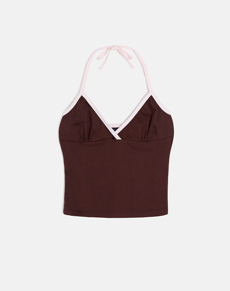 Elspe Neckholder-Top in Bitterschokolade mit hellrosa Bindung