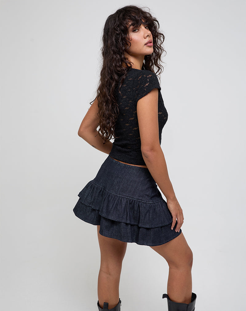 Bild von Elysa Rüschen-Minirock aus dunklem Indigo-Denim