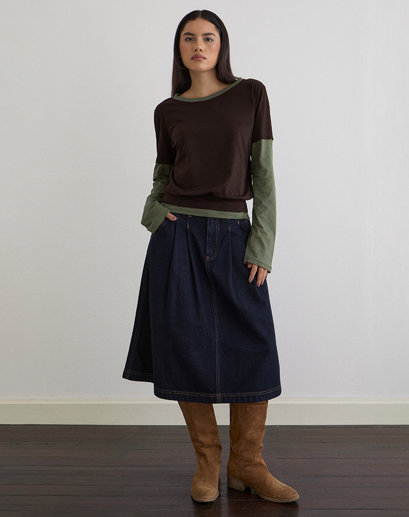 Bild des Enidy Langarm-Oberteils aus Jersey in Schokoladenbraun und Khaki