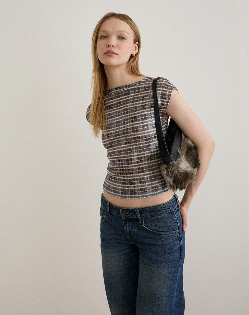 Erica Top aus Pailletten Vintage Check Braun