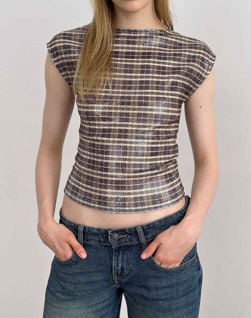Erica Top aus Pailletten Vintage Check Braun