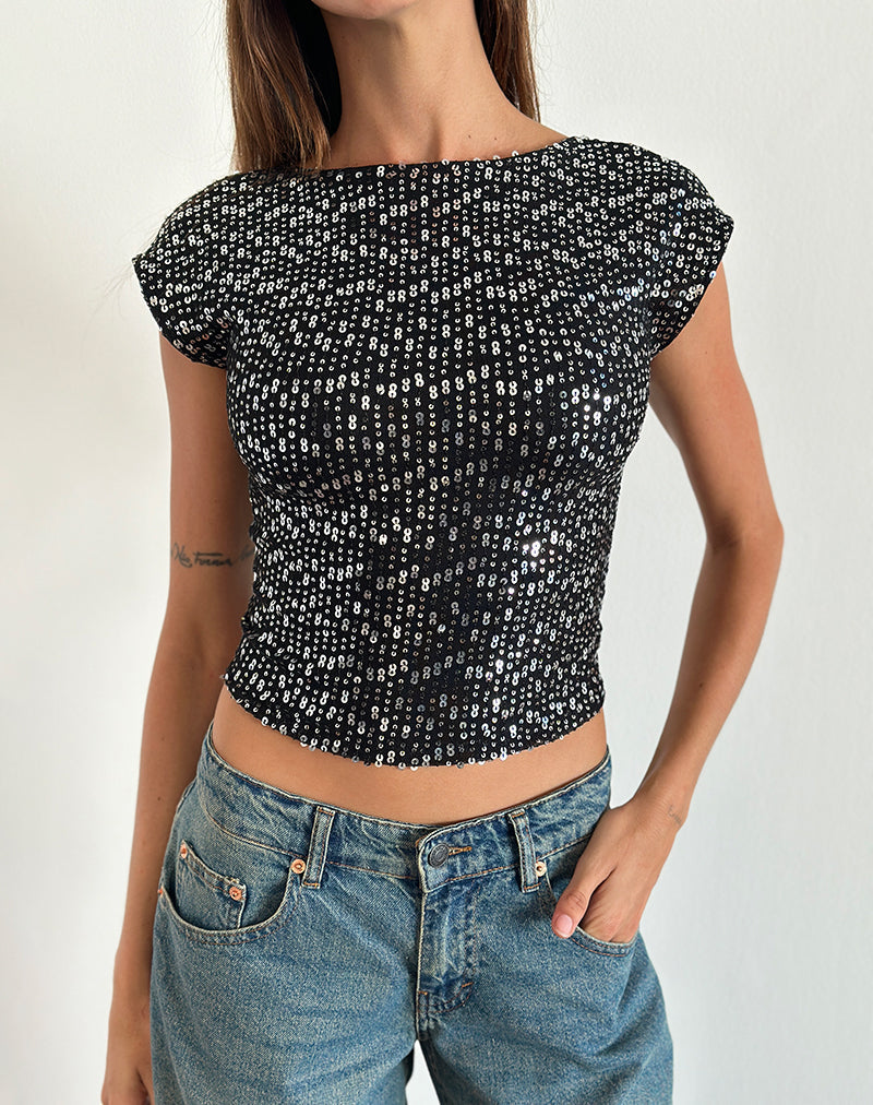 Image of Erica Rückenfreies Top aus schwarzem hauchzartem Paillettenstoff
