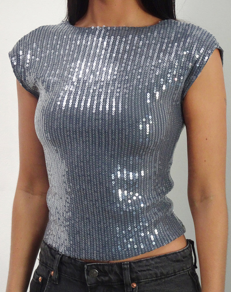 Image of Erika Low Back Top aus schimmerndem Paillettenstoff Charcoal