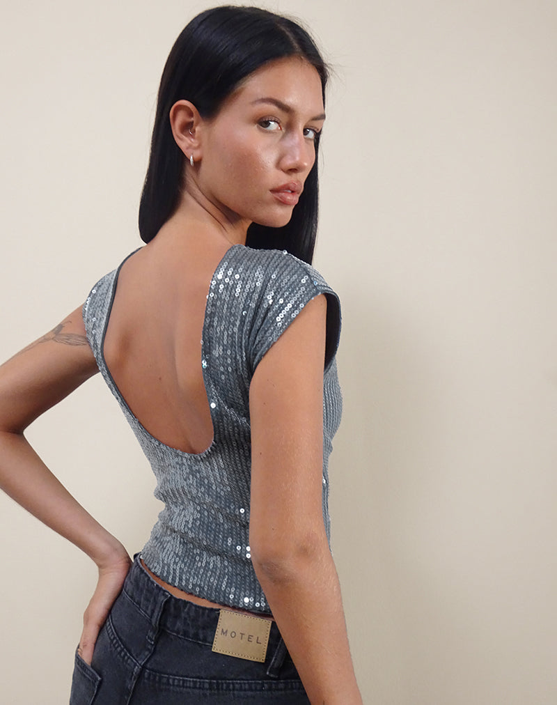 Image of Erika Low Back Top aus schimmerndem Paillettenstoff Charcoal