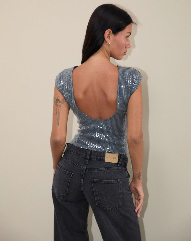 Erika Low Back Top aus schimmerndem Paillettenstoff Charcoal