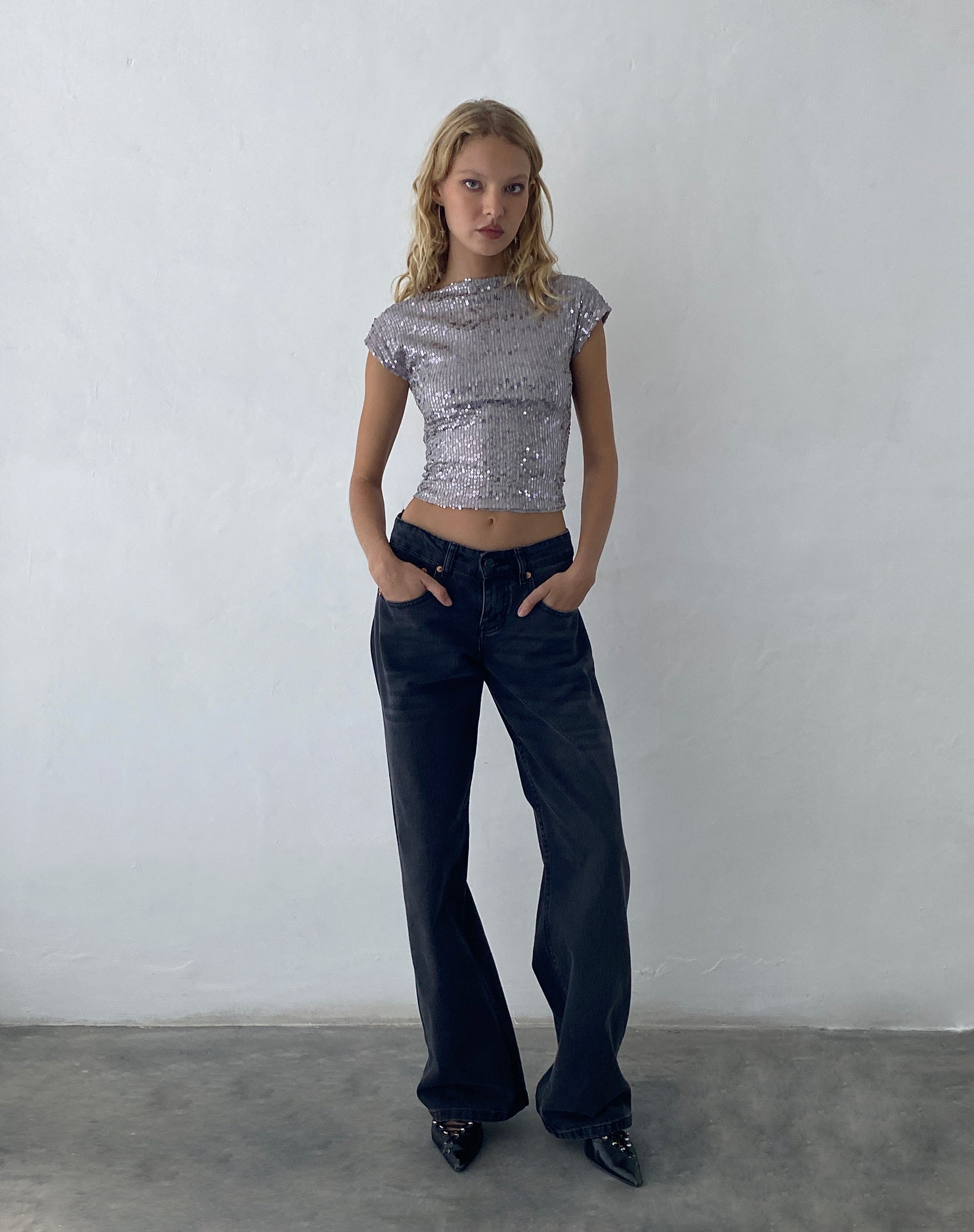 Image of Erika Rückenfreies Top in Silber Pailletten