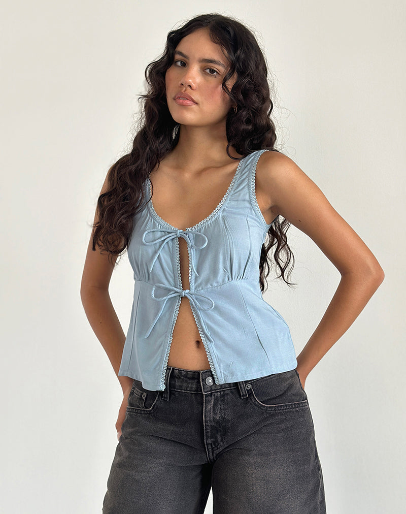 Bild von Esau Tie Front Top in Private Slub Nantucket Blue