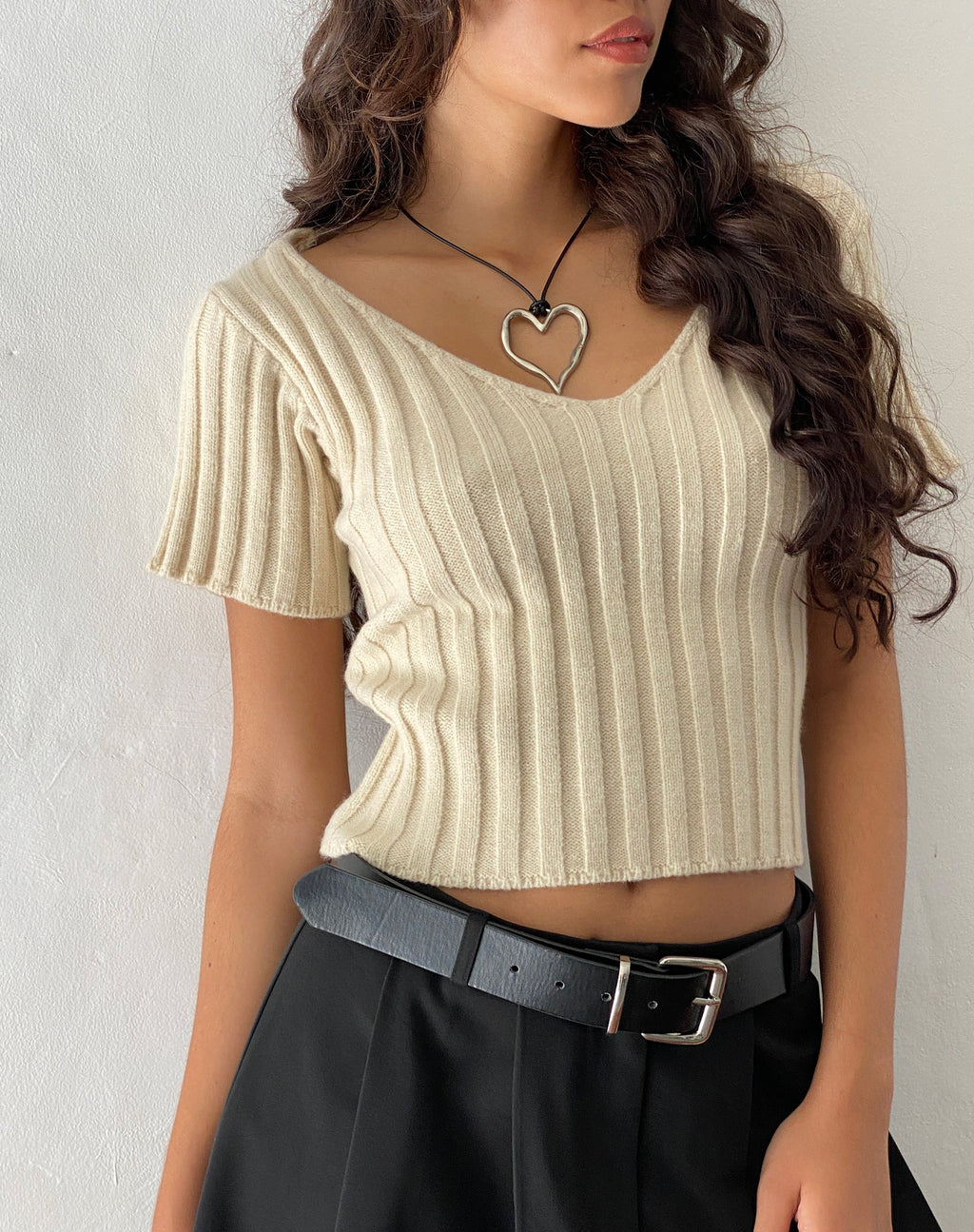 Estella Kurzarm-Stricktop in Hafer Natur