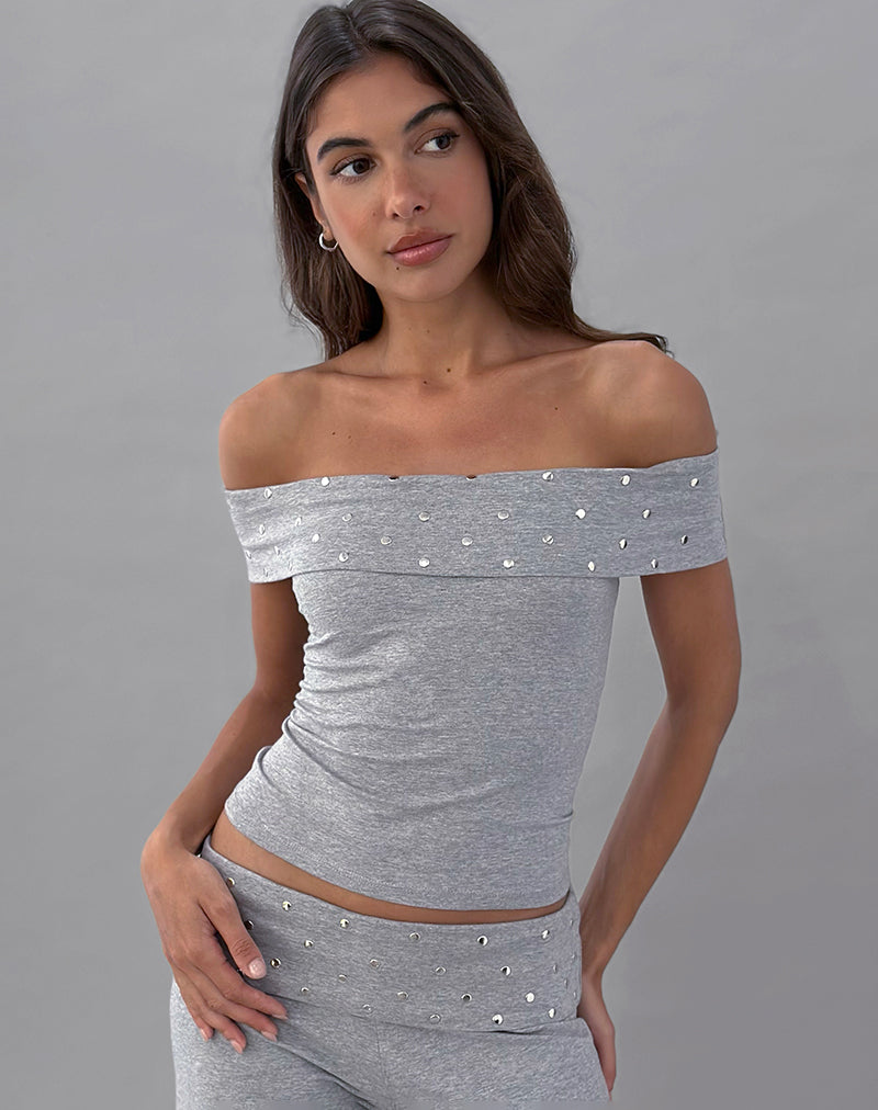 Eulala Bardot-Top mit Nieten in Grau meliert