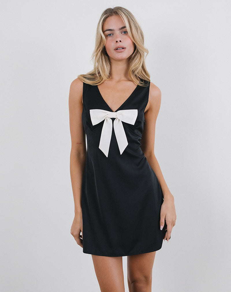 Bild von Faradiba Minikleid aus schwarzem Satin mit elfenbeinfarbener Schleife