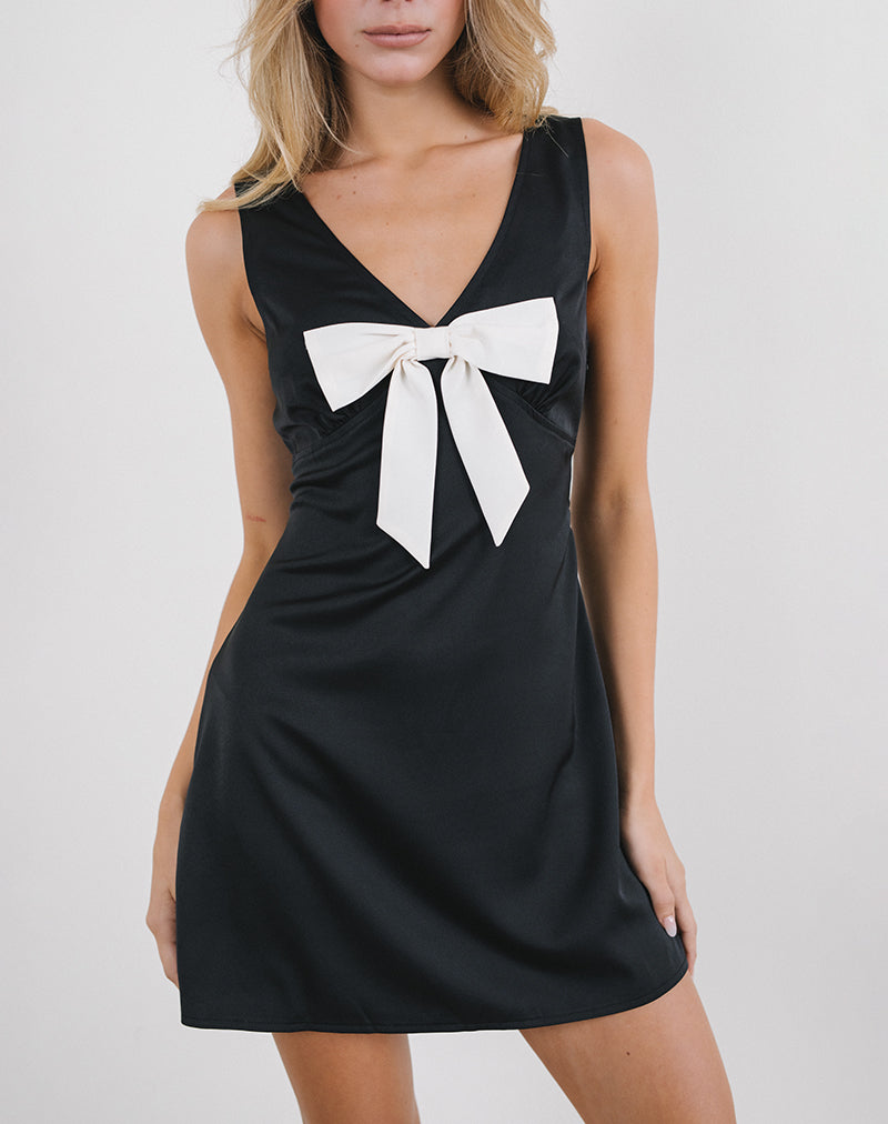 Faradiba Minikleid aus schwarzem Satin mit elfenbeinfarbener Schleife