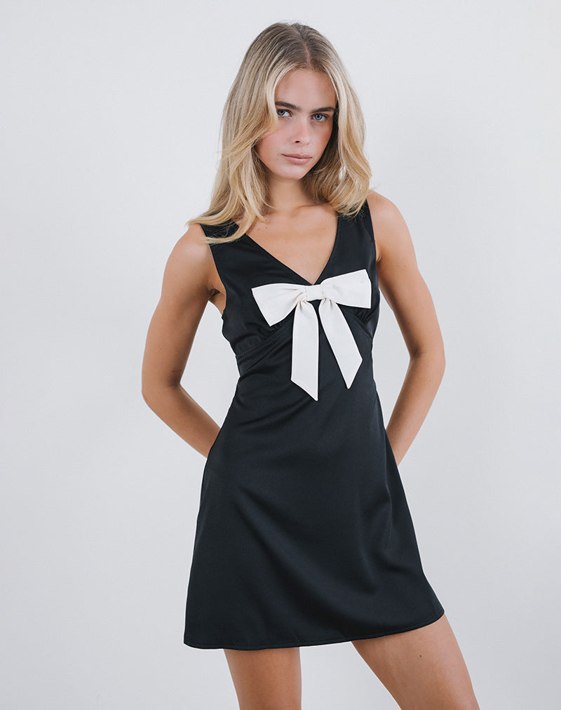 Bild von Faradiba Minikleid aus schwarzem Satin mit elfenbeinfarbener Schleife