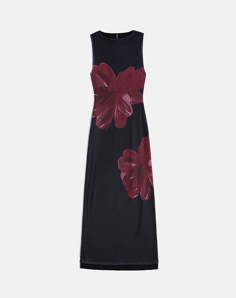 Fayola Maxikleid in Schwarz mit burgunderfarbener Aquarellblume