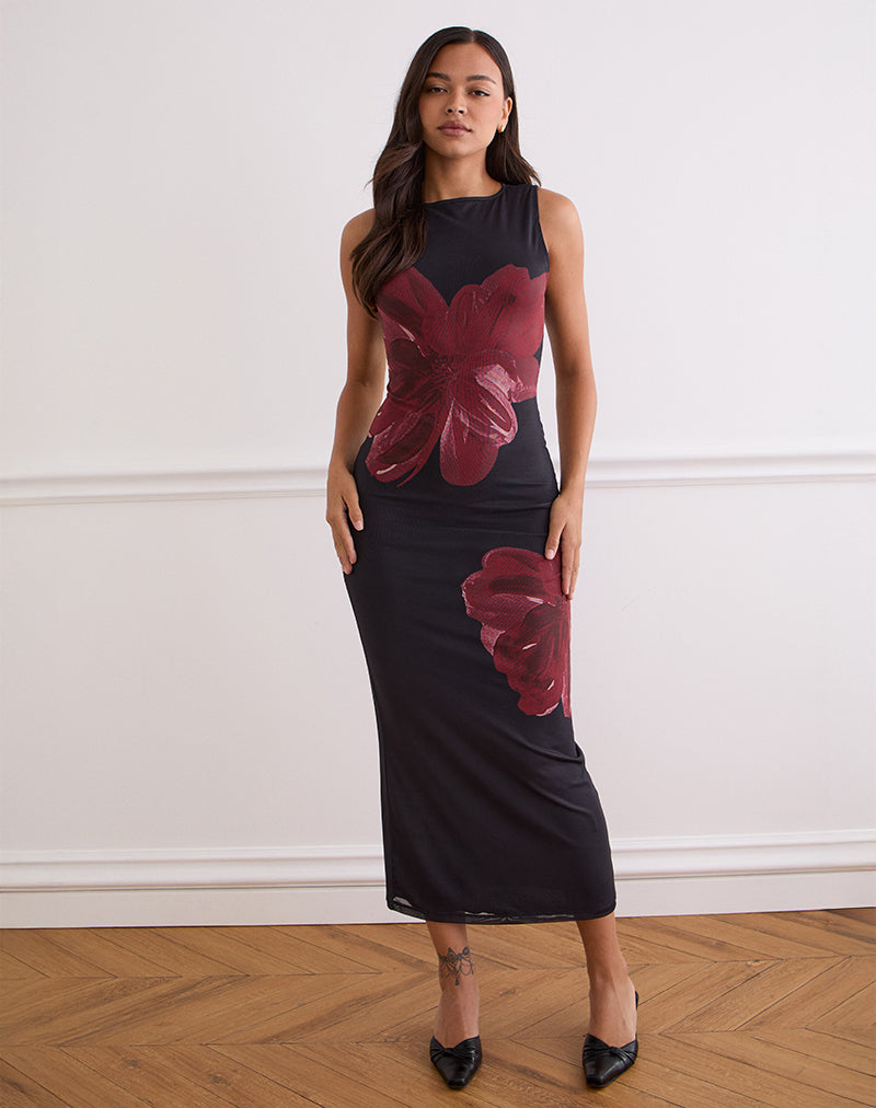Image of Fayola Maxikleid in Schwarz mit burgunderfarbener Aquarellblume