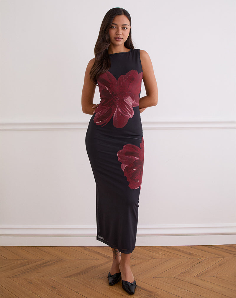 Image of Fayola Maxikleid in Schwarz mit burgunderfarbener Aquarellblume