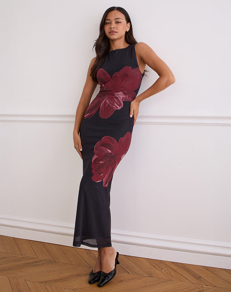 Image of Fayola Maxikleid in Schwarz mit burgunderfarbener Aquarellblume