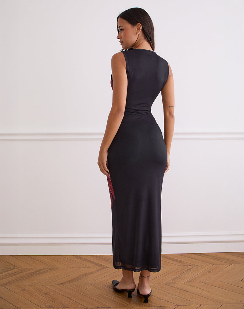 Image of Fayola Maxikleid in Schwarz mit burgunderfarbener Aquarellblume