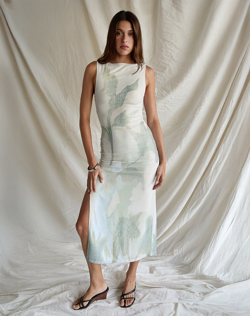 Flo Midikleid aus abstrakter gemalter Blume Blau