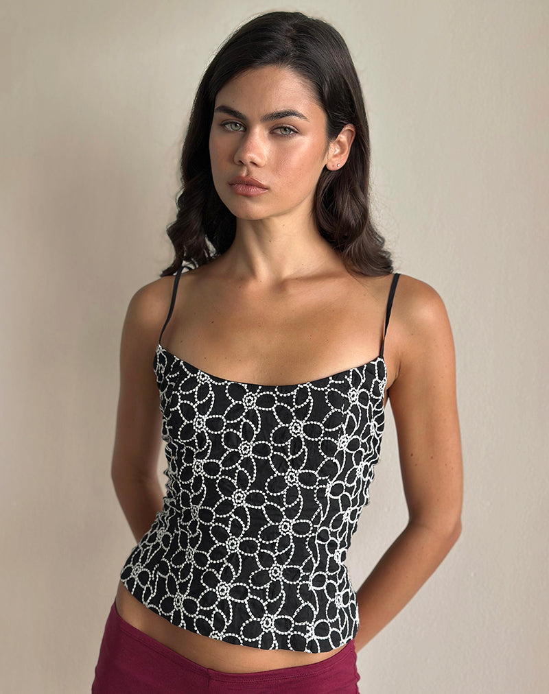 Image of Florina Cami Top mit gestickter Blume Schwarz