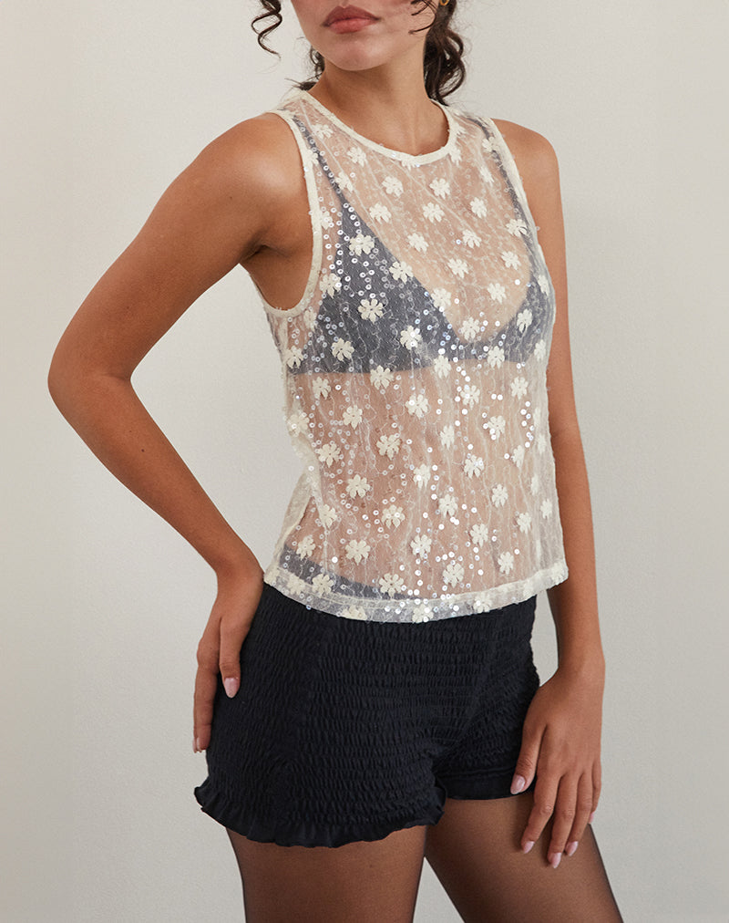 Franka Tank Top aus Paillettenspitze Elfenbein