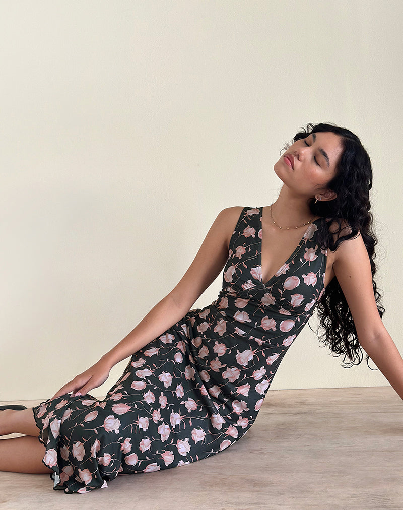 Gabriela Midikleid in Falling Rose Jet Black