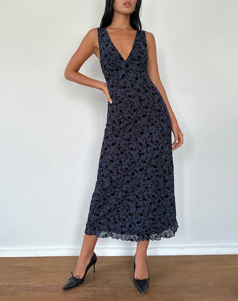 Gabriela Midikleid in beflockter Blütenform Navy