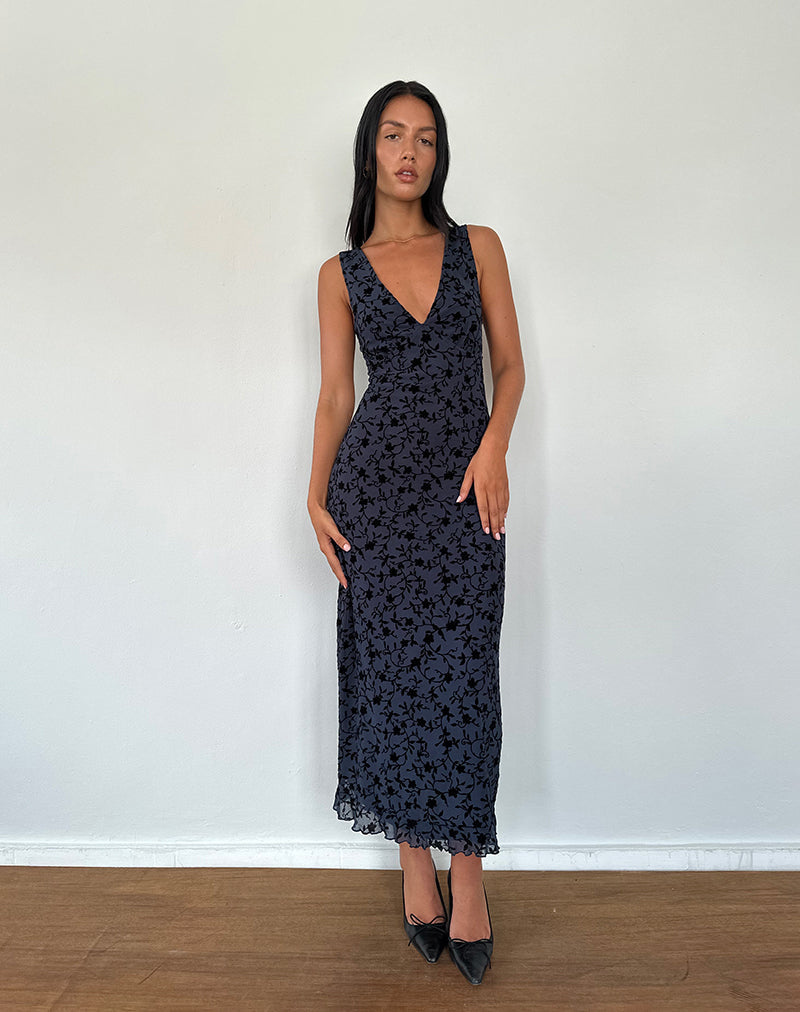 Gabriela Midikleid in beflockter Blütenform Navy