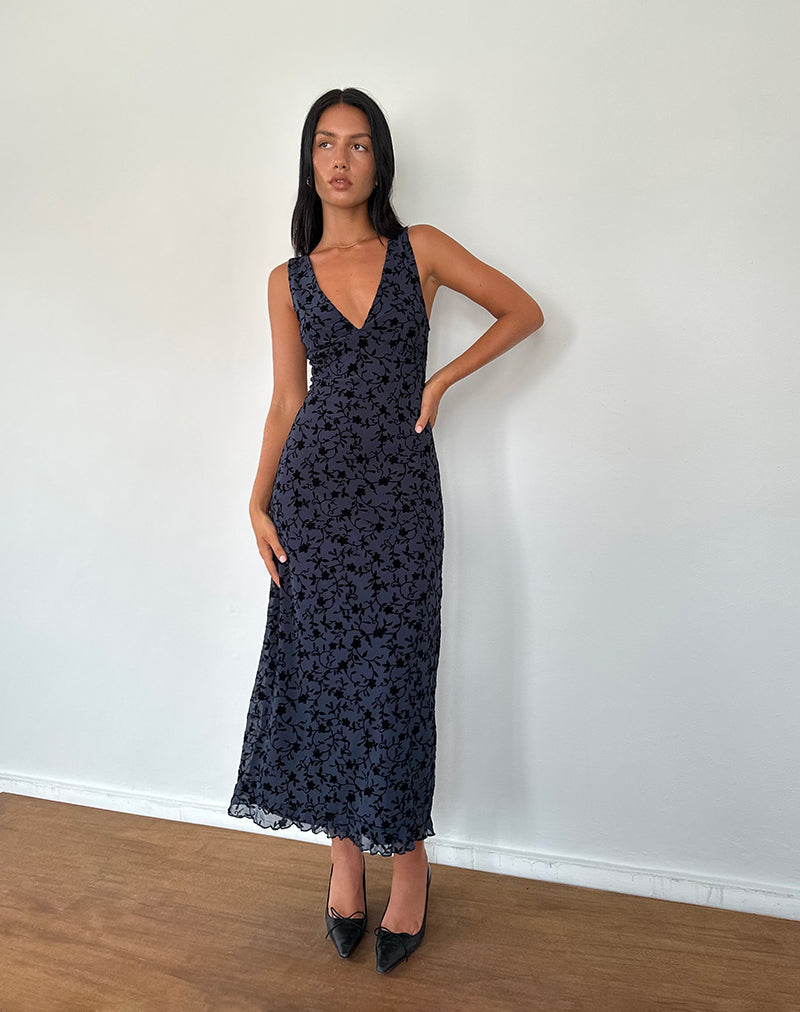 Gabriela Midikleid in beflockter Blütenform Navy