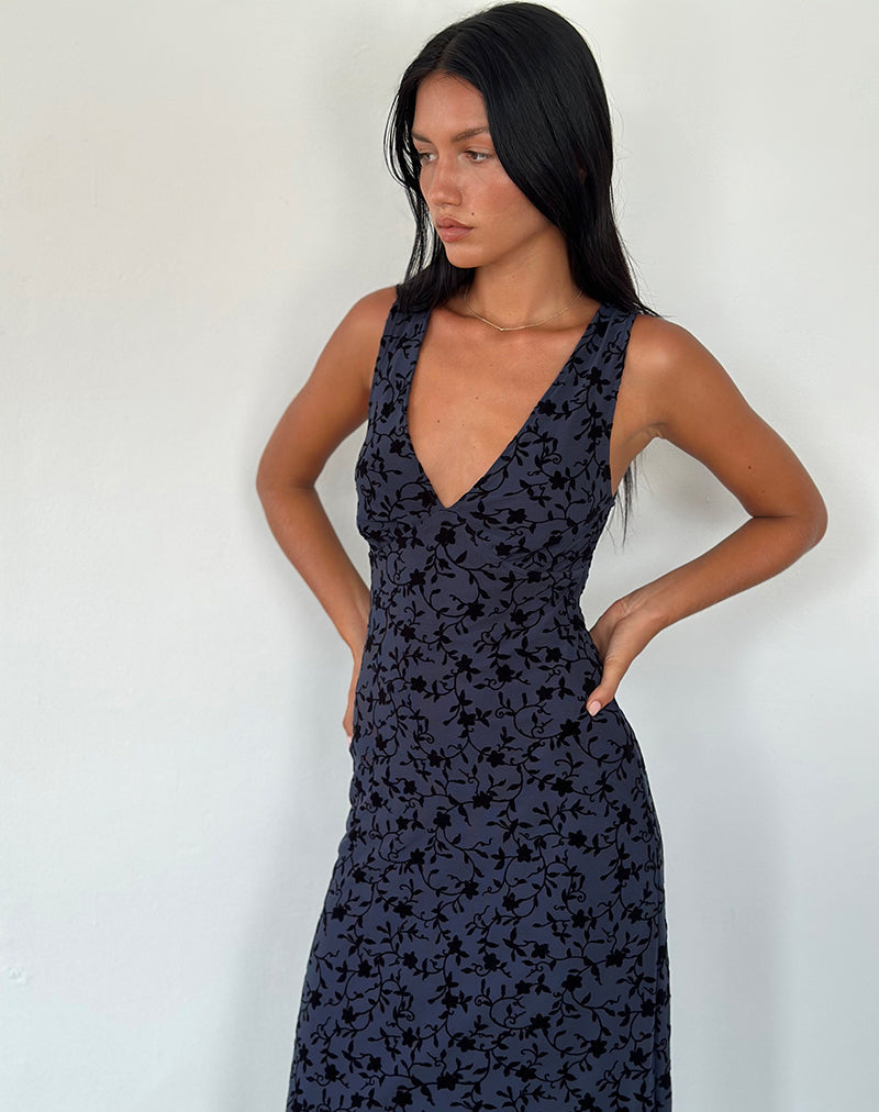 Gabriela Midikleid in beflockter Blütenform Navy