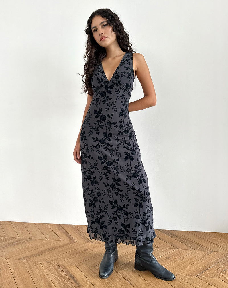 Bild von Gabriela Kleid in Vine Flocked Floral Ocean Storm