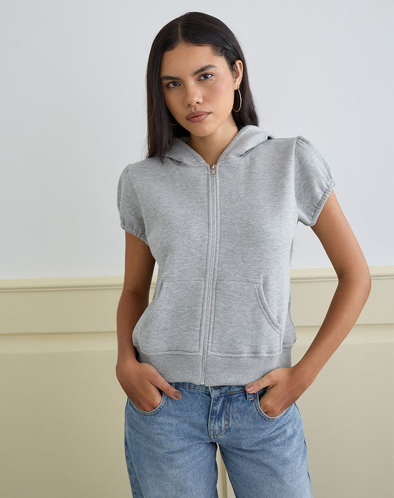 Image of Galia Kurzarm-Kapuzenpullover mit Reißverschluss in Grau meliert