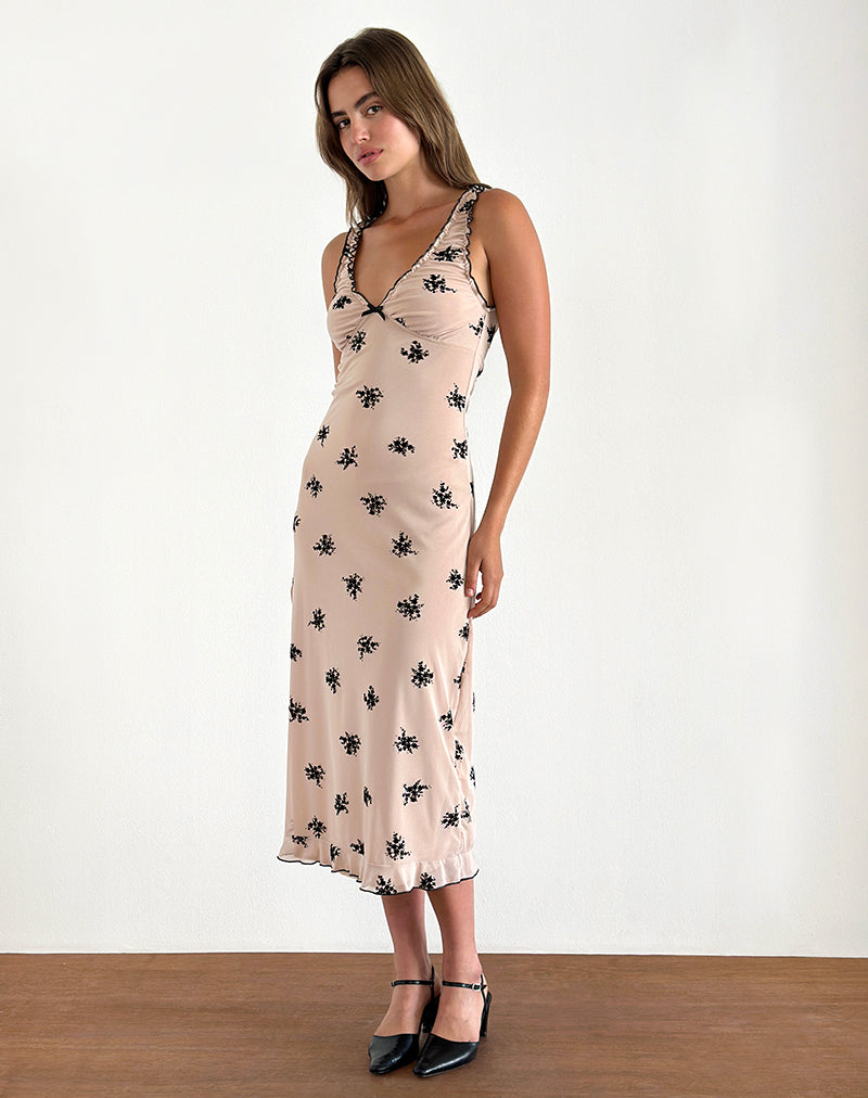 Gandira Midikleid aus Cluster Ditsy Floral Flock Nude