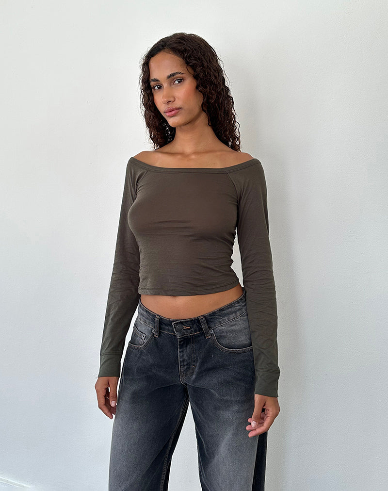 Image of Gavya Langärmeliges Bardot-Top aus olivem Jersey