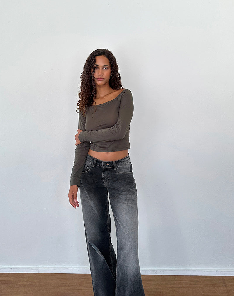 Image of Gavya Langärmeliges Bardot-Top aus olivem Jersey