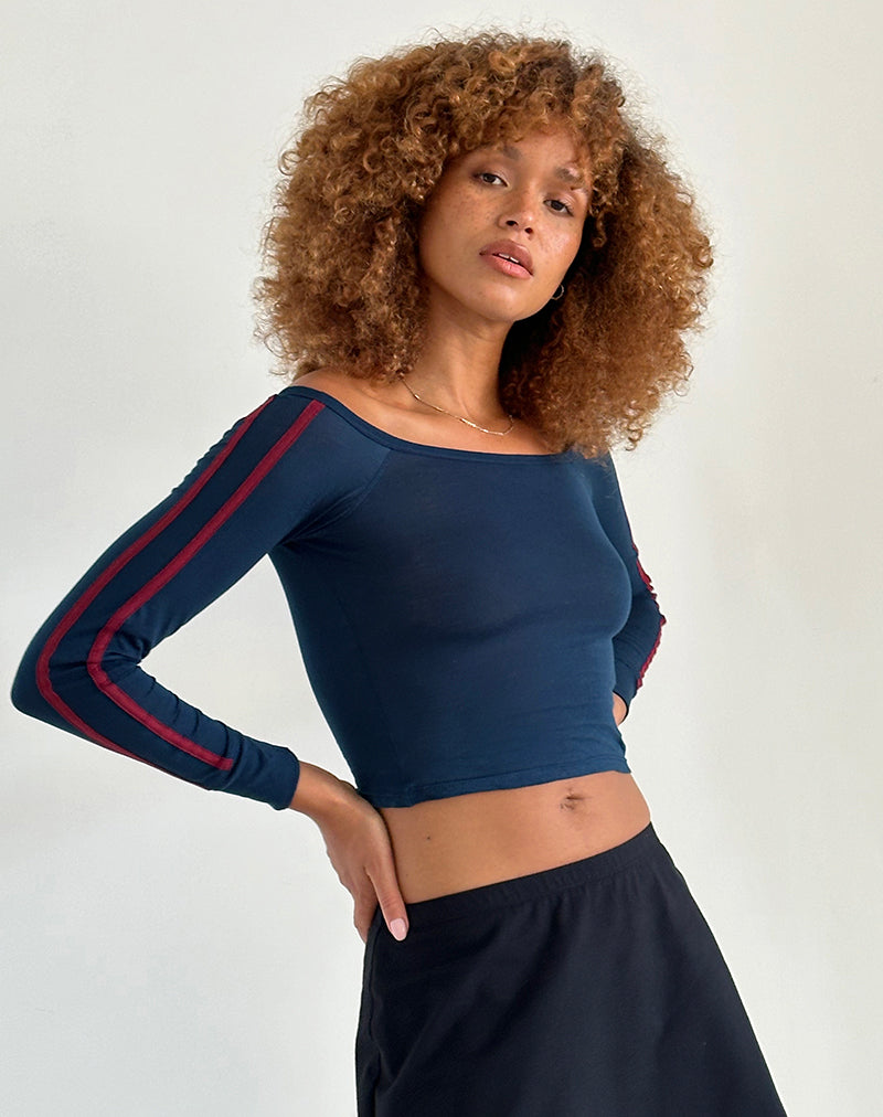 Image of Gavya Bardot Langarm-Top in Marineblau mit roten Adrenalinstreifen