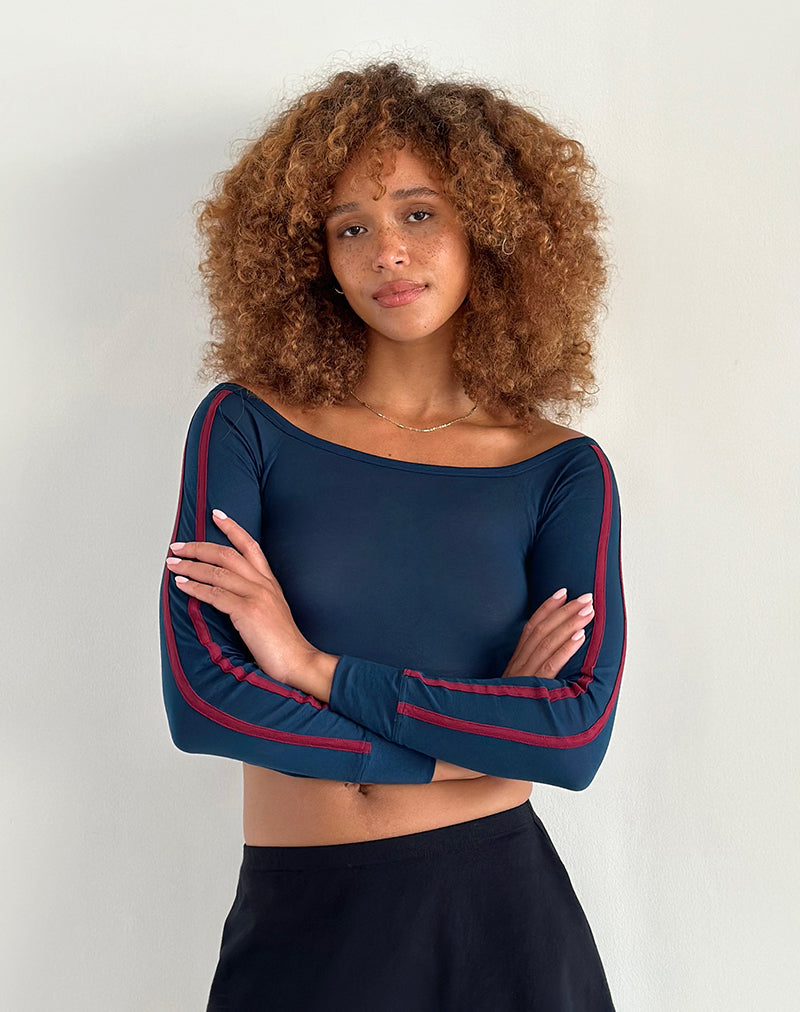 Image of Gavya Bardot Langarm-Top in Marineblau mit roten Adrenalinstreifen