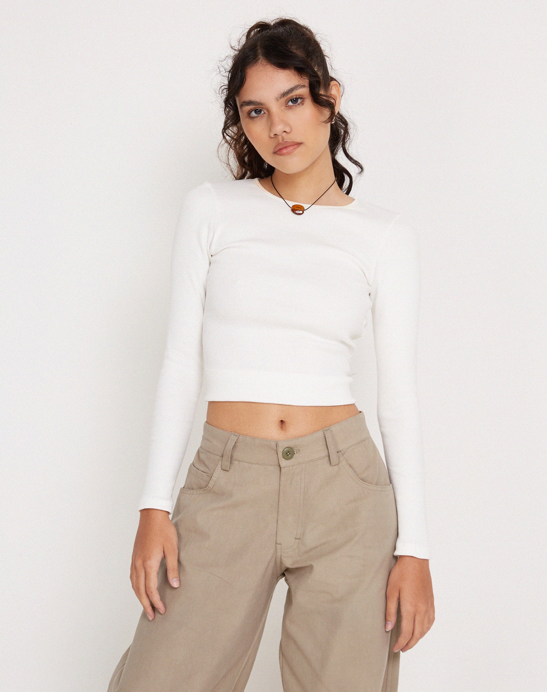 Image of Gelbon Open Back Long Sleeve Top in Rib Weiß