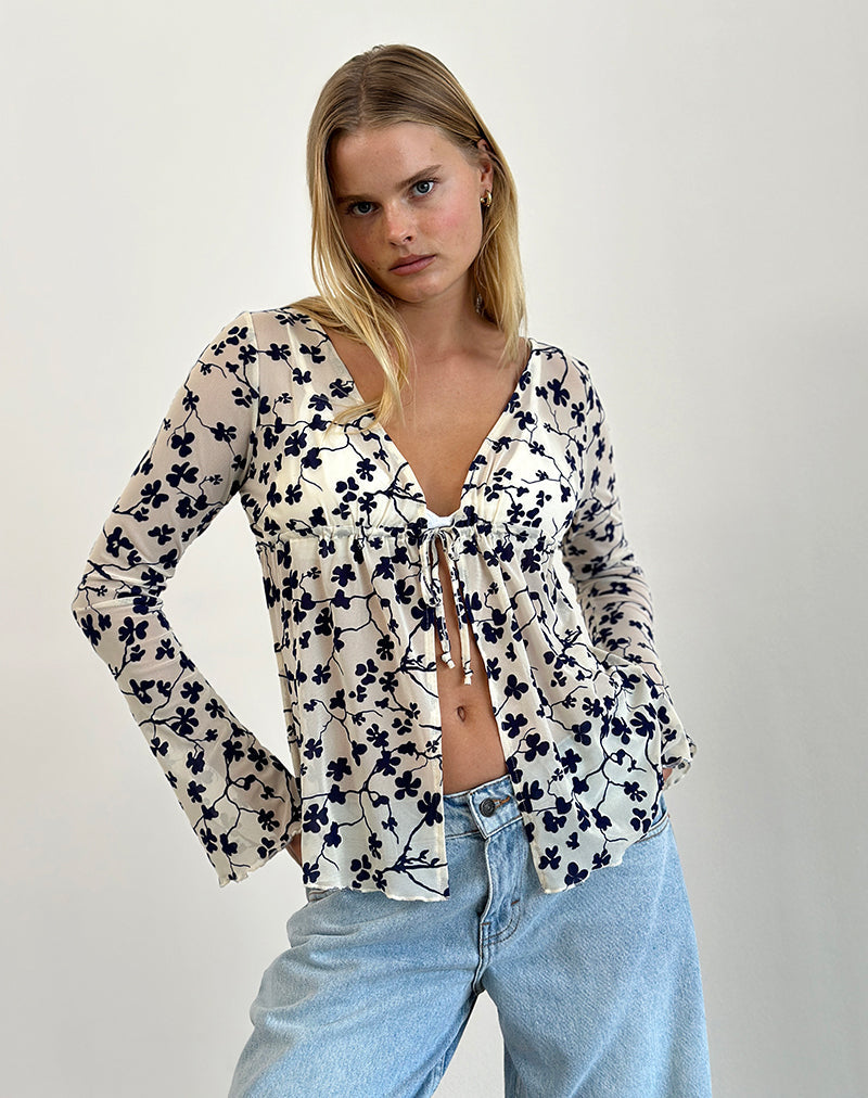 Gerbera Langarm Top in Grunge Floral Flock Creme