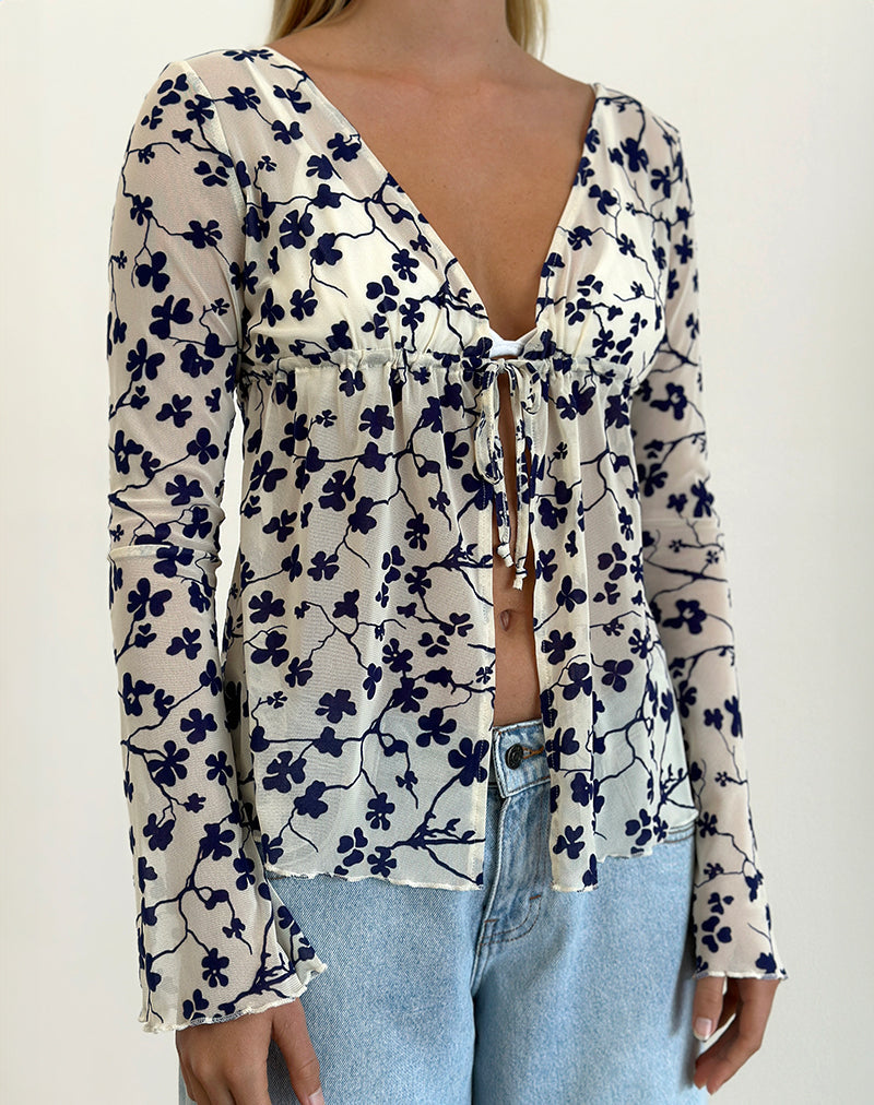 Gerbera Langarm Top in Grunge Floral Flock Creme