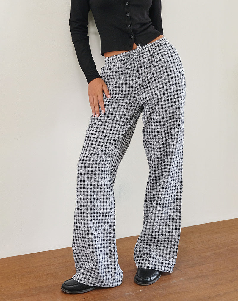 Image of Wasic Leinenhose mit weitem Bein in Floral Gingham Schwarz