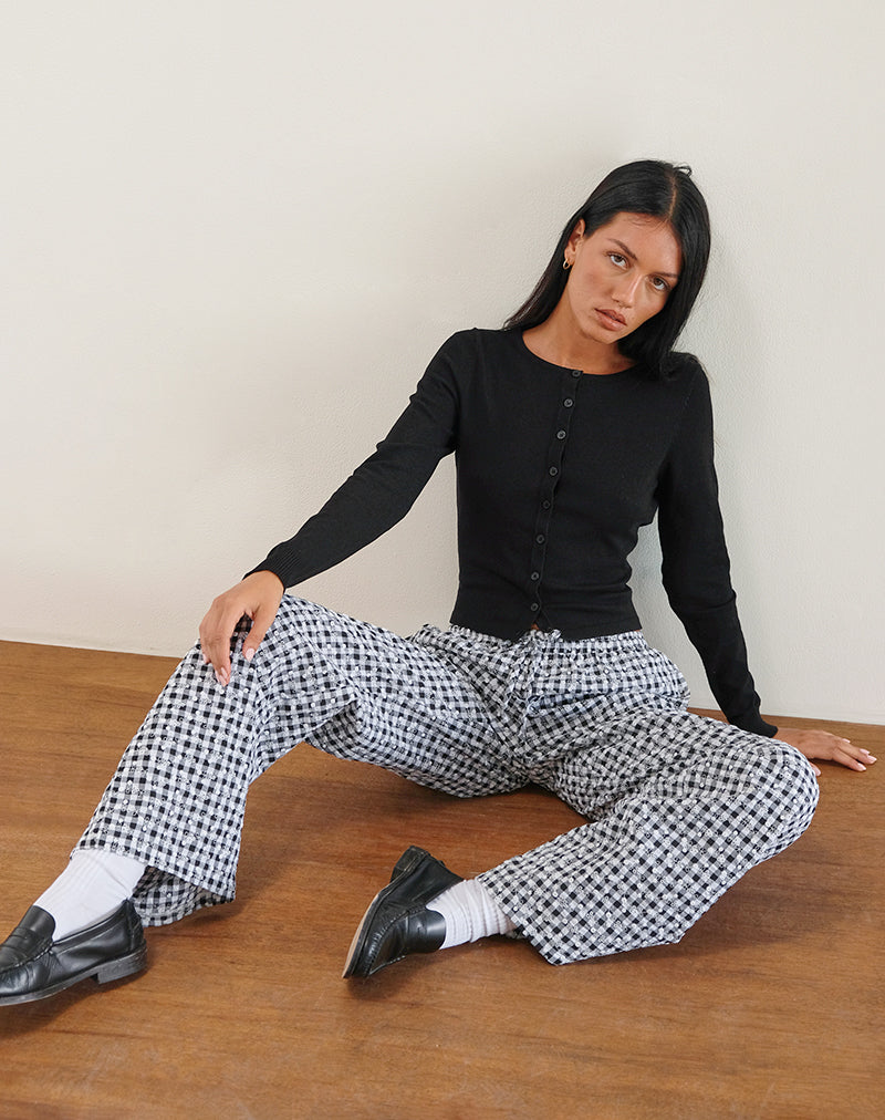 Image of Wasic Leinenhose mit weitem Bein in Floral Gingham Schwarz