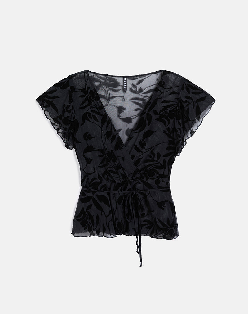Image of Giuliana Wrap Top in Flock Leaf Flower Schwarz