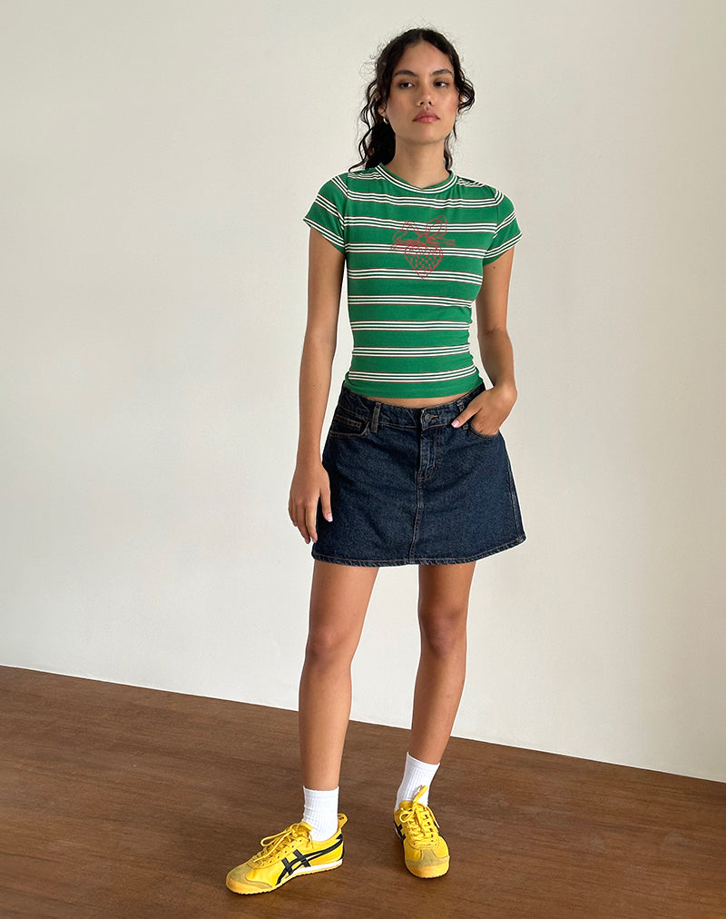Bild von Glenda Jersey Tee in Grün und Weiß gestreift mit Erdbeermotiv