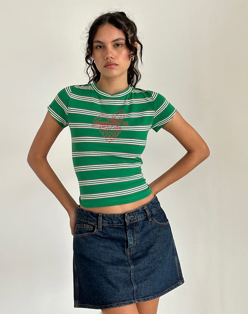 Bild von Glenda Jersey Tee in Grün und Weiß gestreift mit Erdbeermotiv