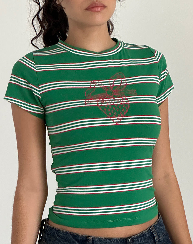 Glenda Jersey Tee in Grün und Weiß gestreift mit Erdbeermotiv