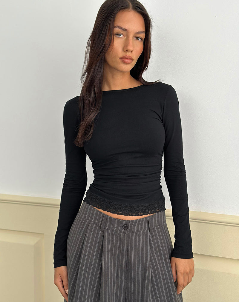 Image of Gomira Langärmeliges Top in Schwarz mit Spitzenbesatz