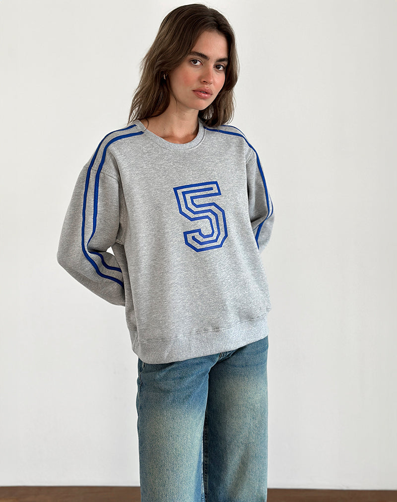 Image of Govel Sweatshirt in Grau meliert mit kobaltblauem 5-Motiv