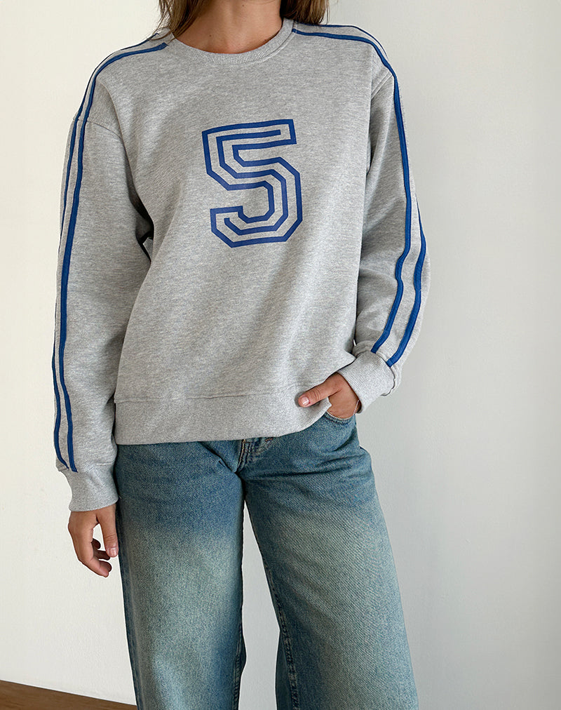 Govel Sweatshirt in Grau meliert mit kobaltblauem 5-Motiv